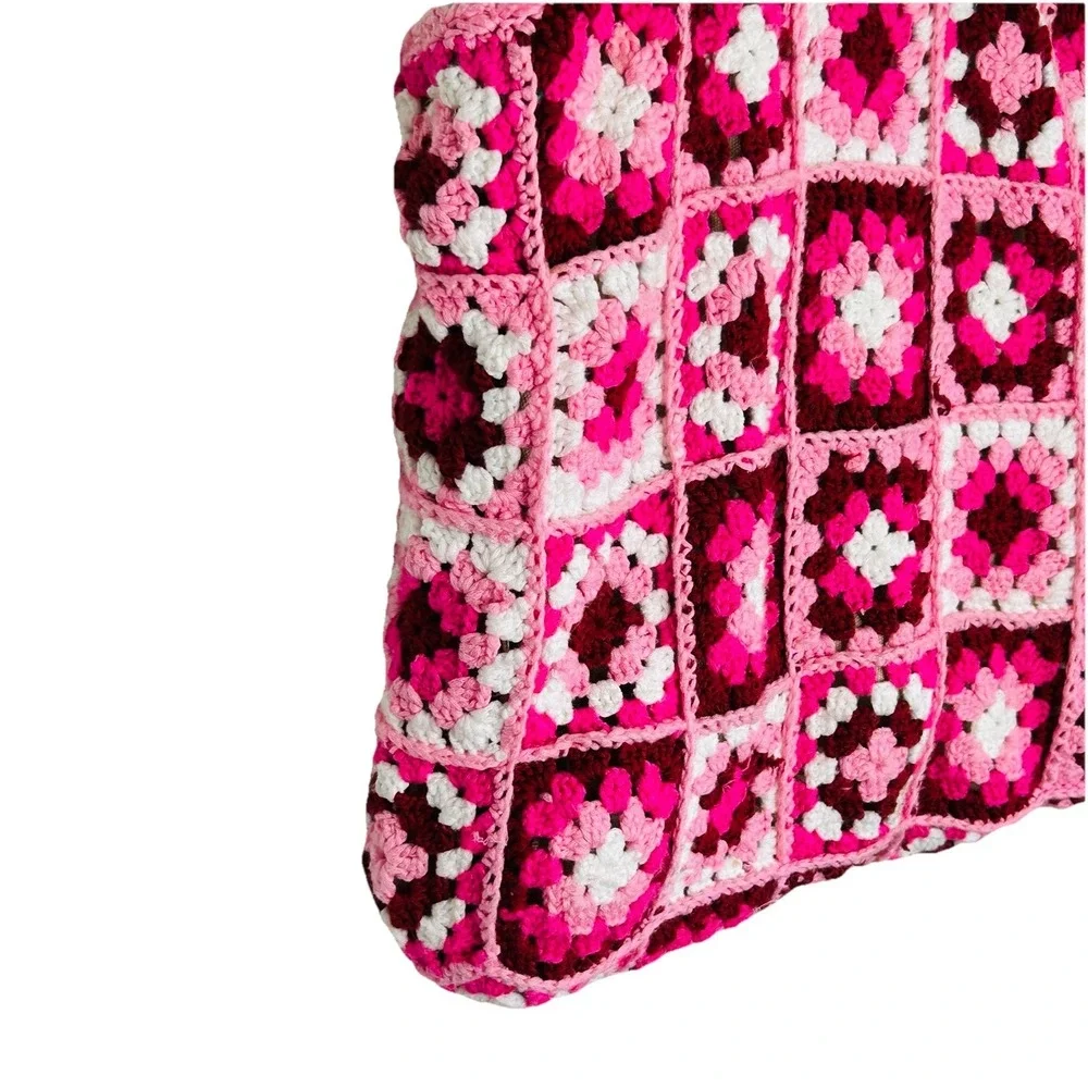 Boho Crochet Granny Square Purse Handbag Bamboo Style Handles Retro‎ Hippie Pink